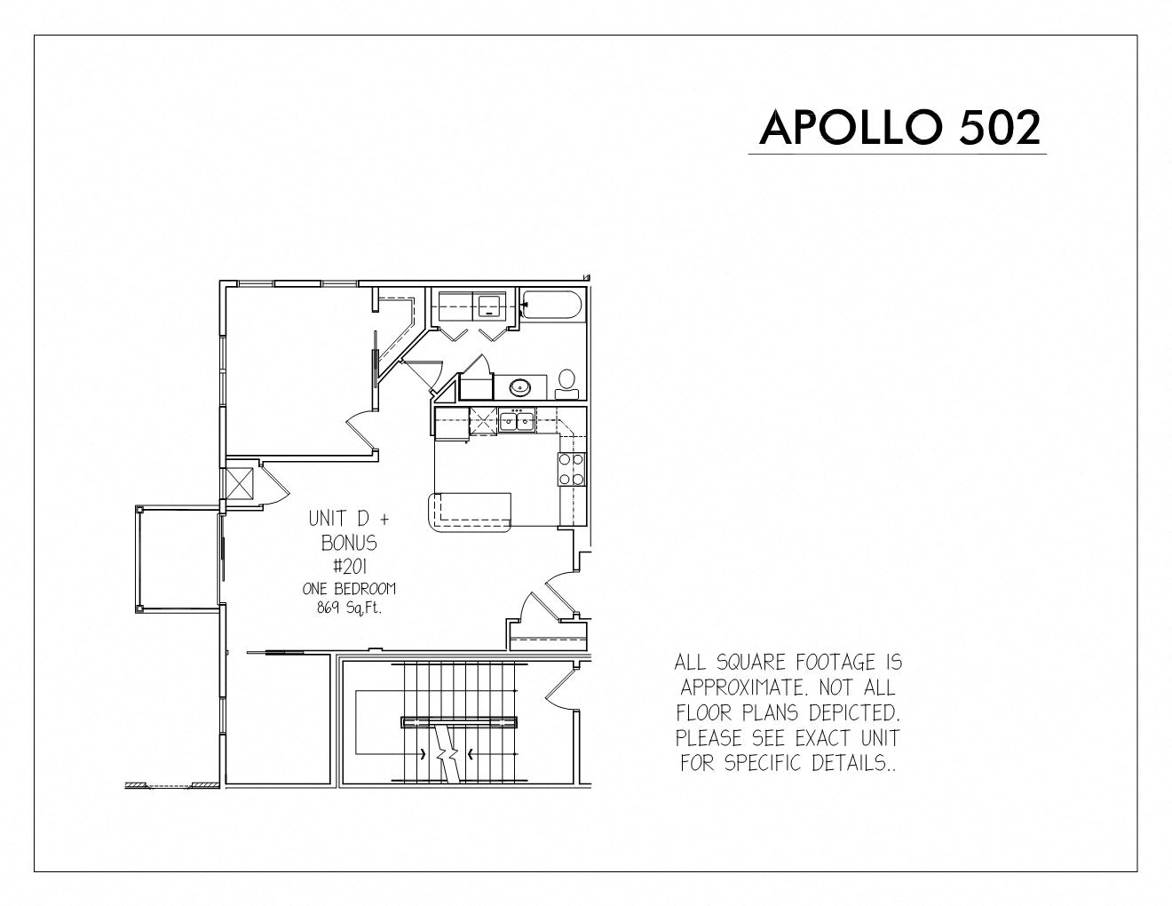 Floor plan for 1 bed, 1 bath, 869 sqft